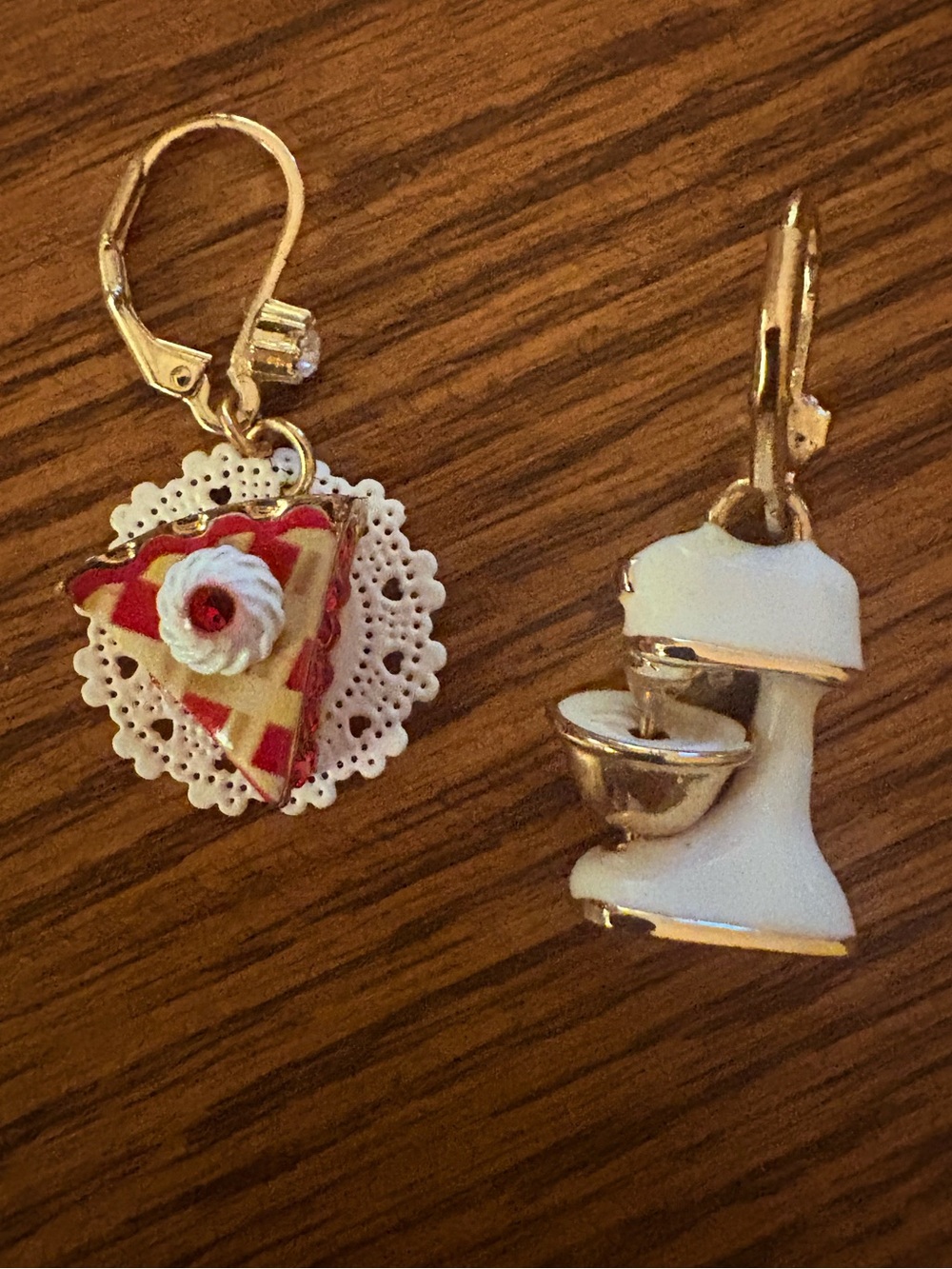 NWOT Betsey Johnson Pie and Mixer Earrings Cherry Doily White Red Gold Pierced